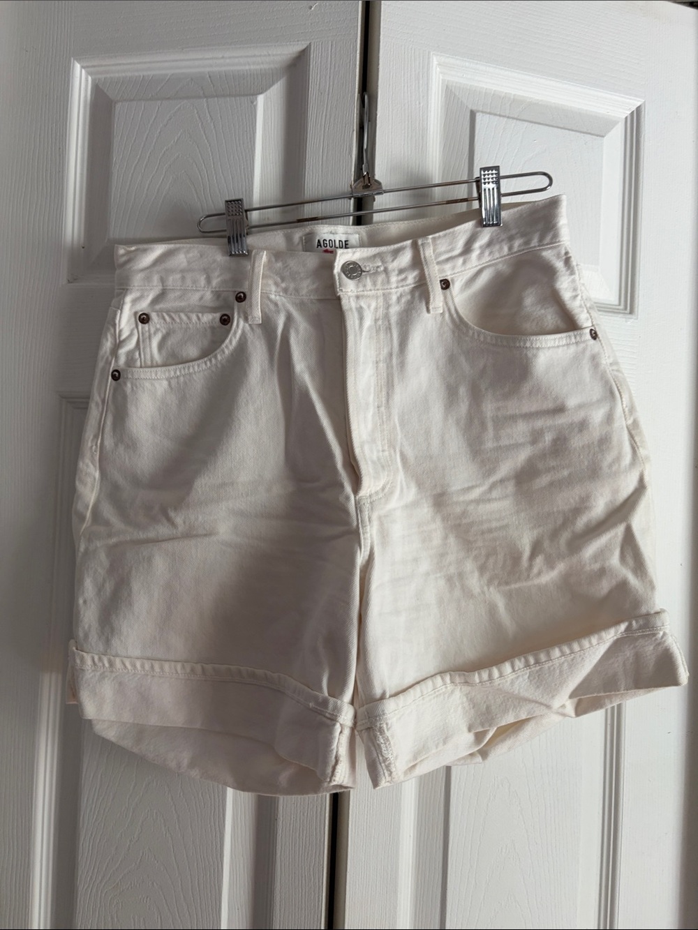 Agolde Off-White High-Rise Roll-Cuff Denim Shorts